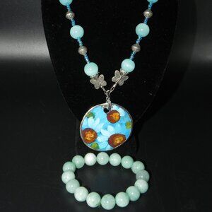 VTG Beaded Blue Cloisonne Pendant Necklace and Green Natural stone Bracelet